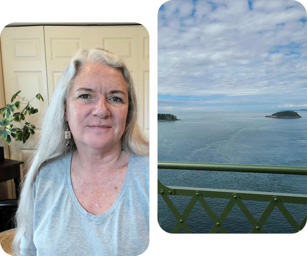 Woman indoors; scenic ocean view.