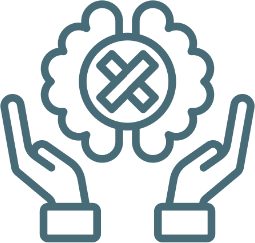 Hands supporting brain with crossed lines.