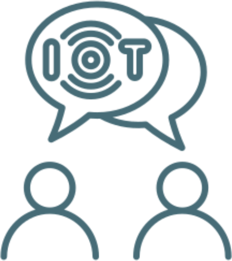 Two people discussing IoT in speech bubbles.