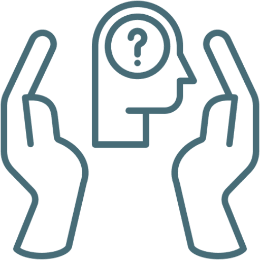 Hands framing head with question mark.